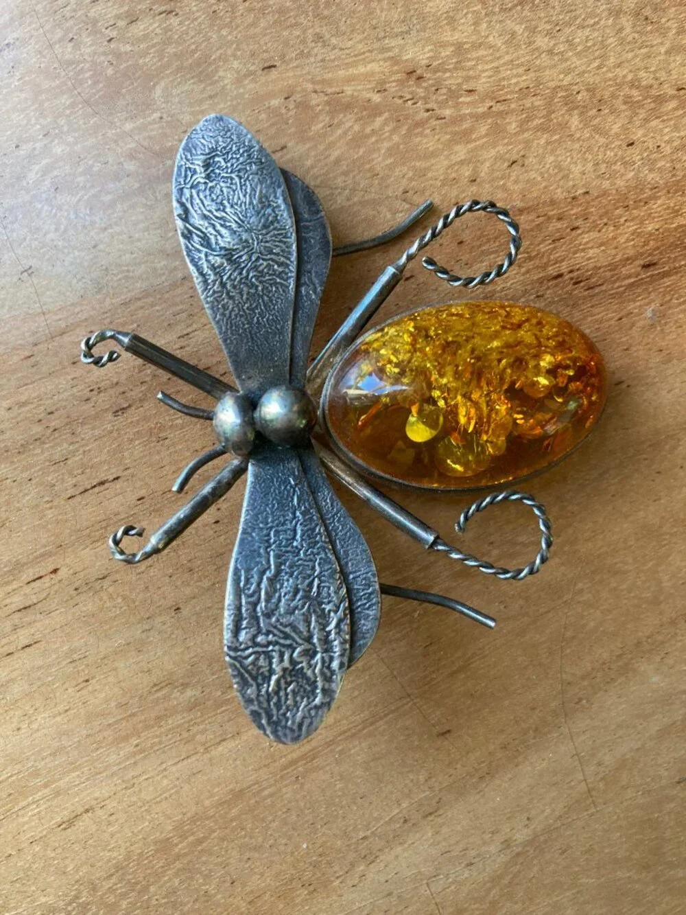 ENORMOUS Victorian Sterling SIlver Amber Bumble Bee Bug Brooch Pendant - Picture 6 of 6